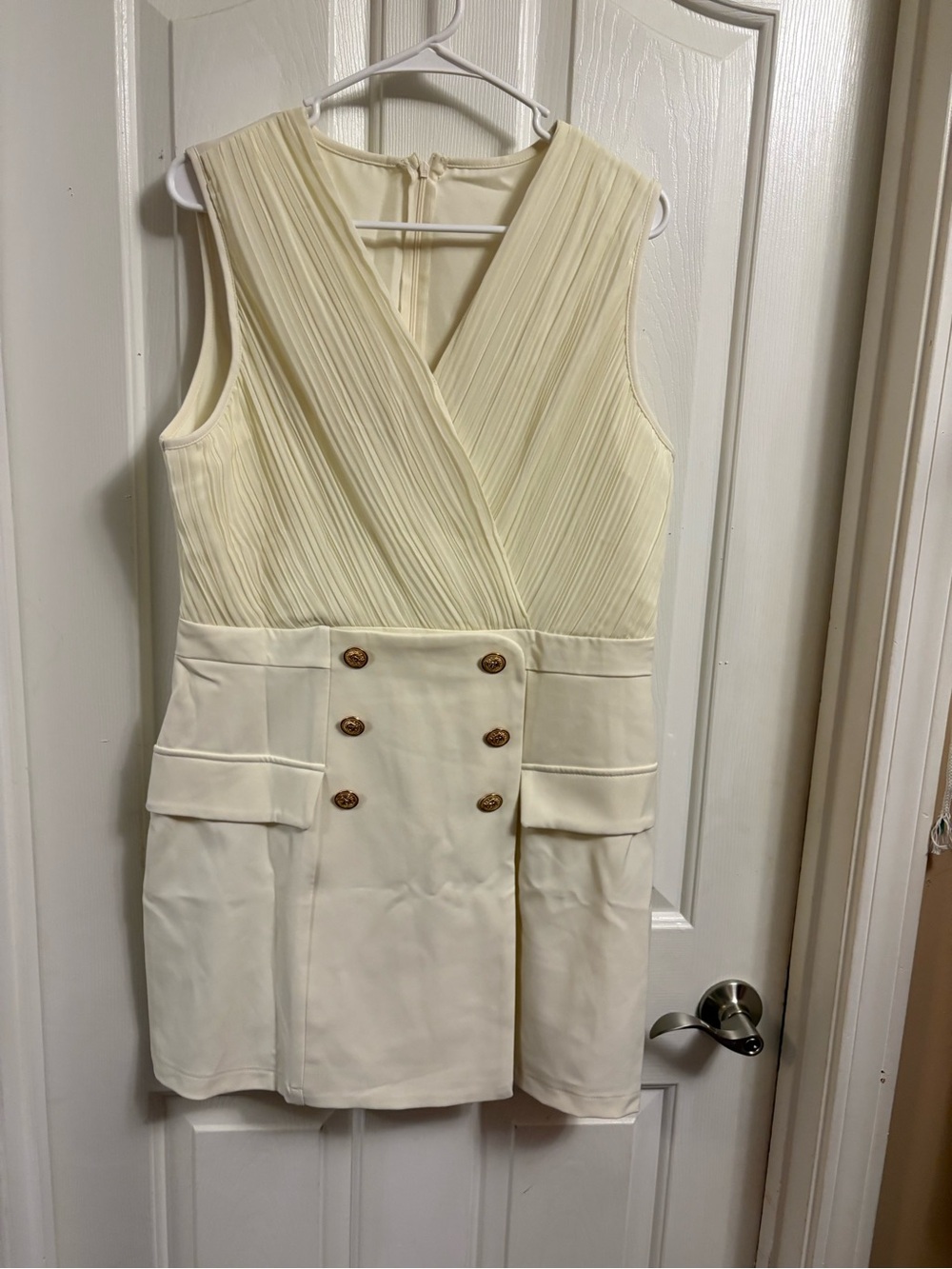 SHEIN Cream Sleeveless Pleated Wrap Mini Dress with Gold Buttons